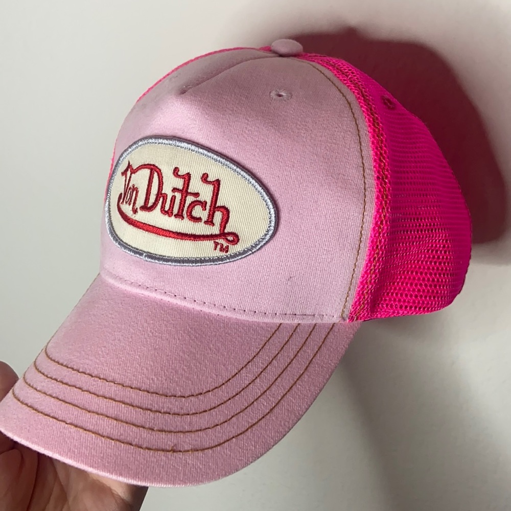 Pink with brown stitching Von Dutch hat